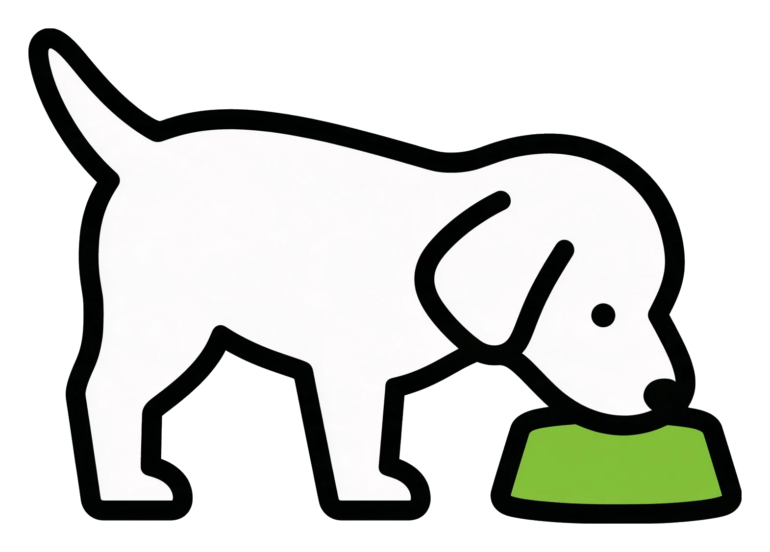 犬が、床に置かれた餌の器に口をつけて食べている絵。器の中だけ緑に塗られている